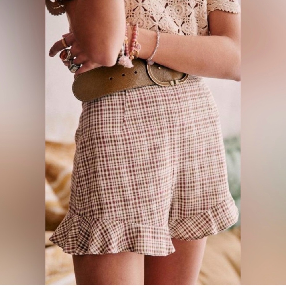 Sézane Short Dorian linen cotton Shorts Beige Brown Check Sz 38 US 6